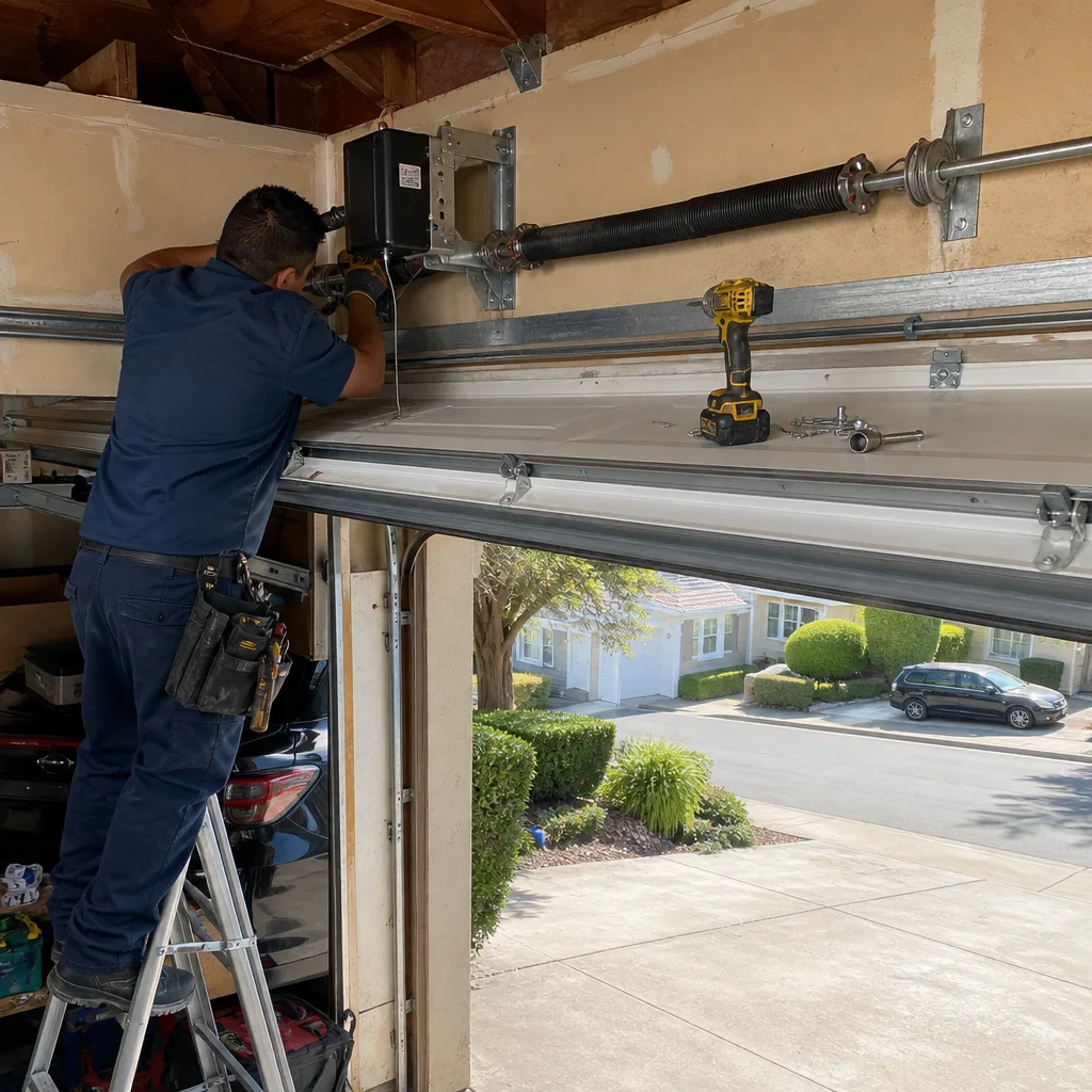 Technician repairing a garage door opener motor system