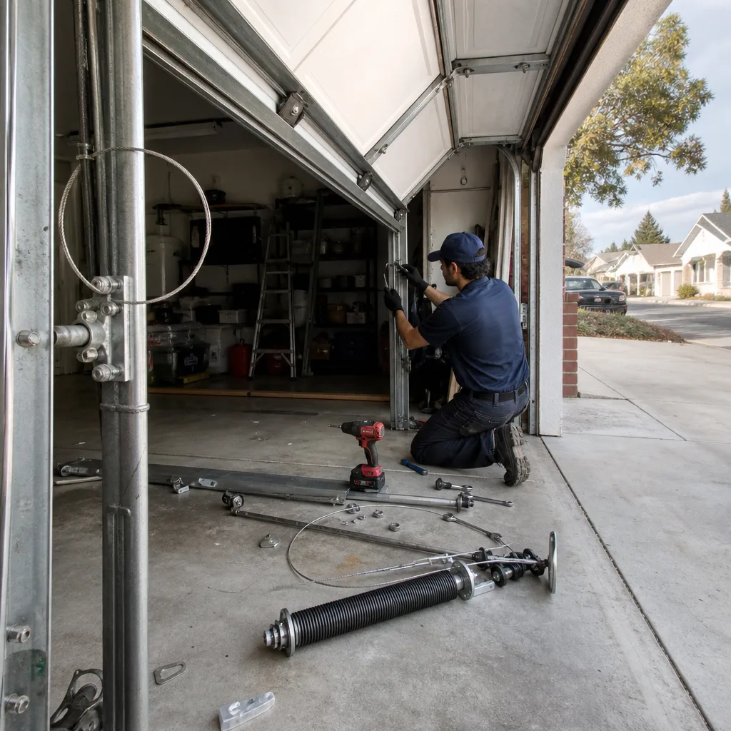 Technician performing professional garage door parts replacement and repair