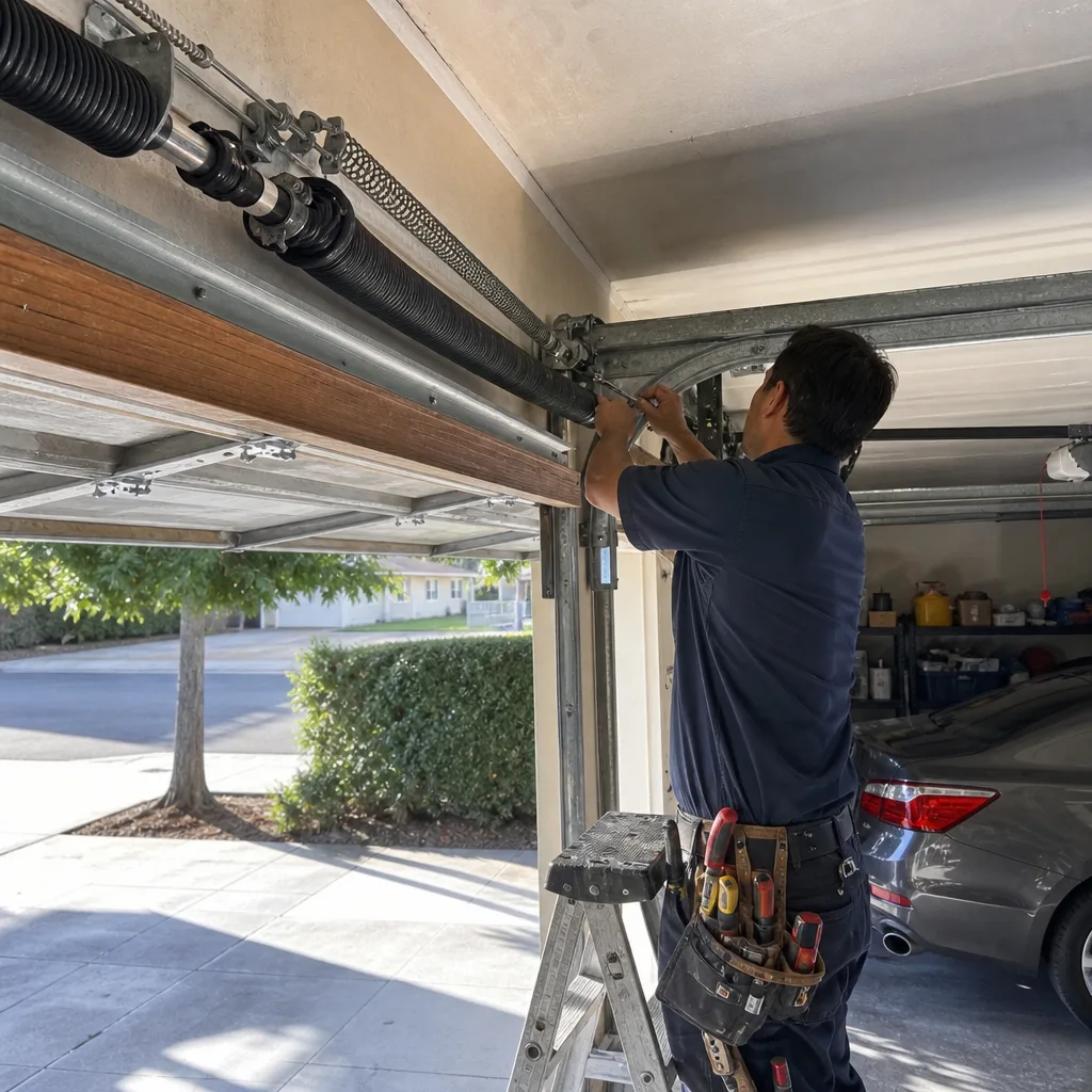 Technician performing professional garage door spring repair and maintenance